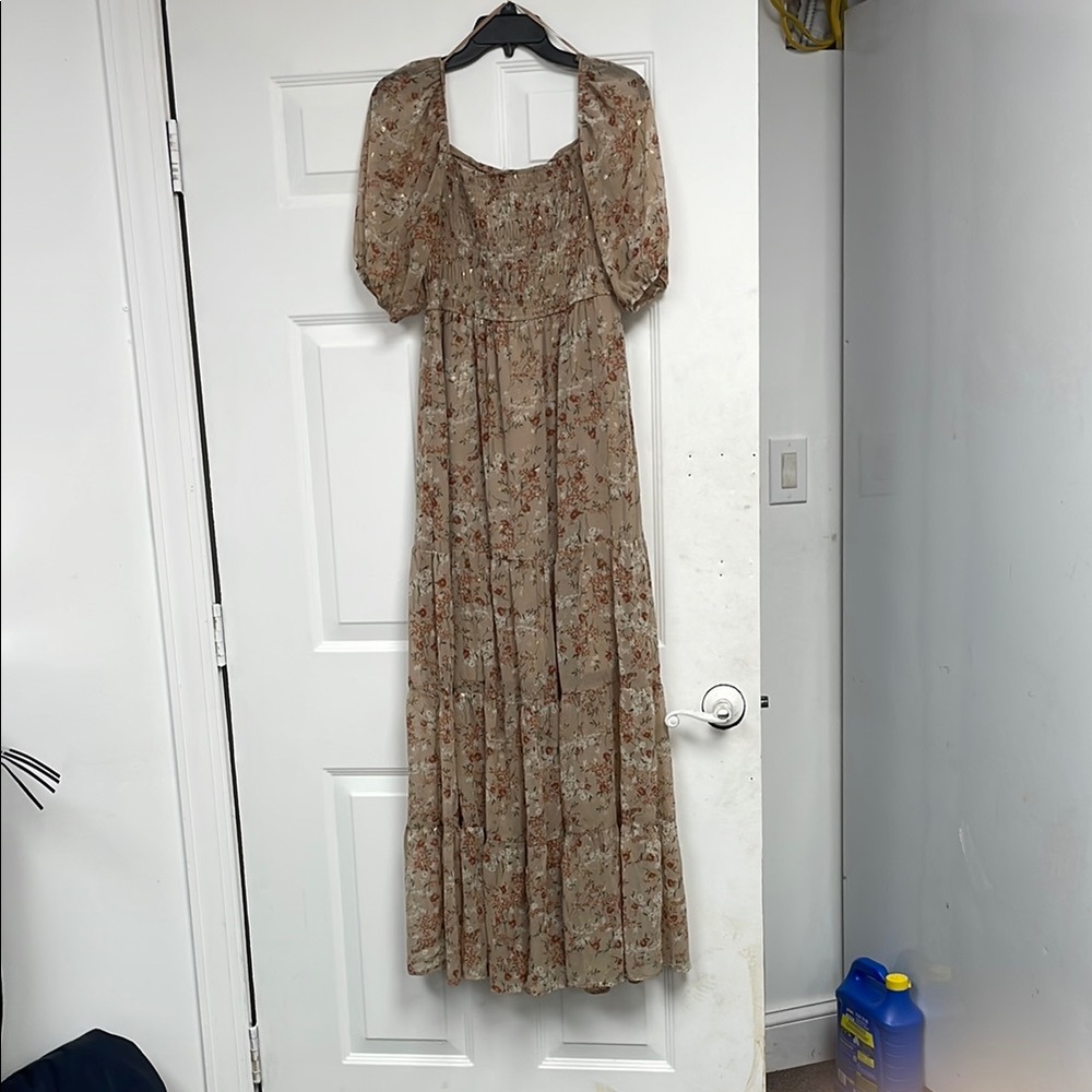 Audrey Brown and Tan Puff Sleeve Maxi Dress